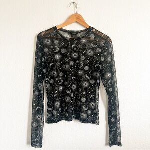 Just Polly XL Sheer Mesh Constellation Astrology Moon Star Print Long Sleeve